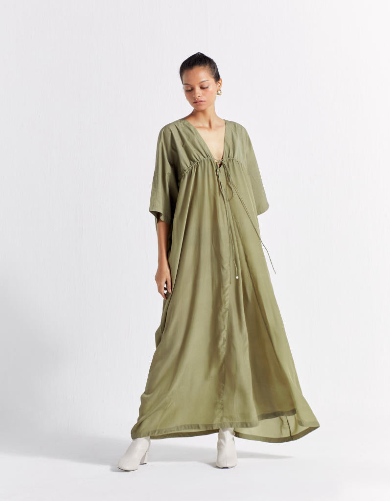 DRAWSTRING KAFTAN - OLIVE poplin by THREE in olive color for women in Singapore