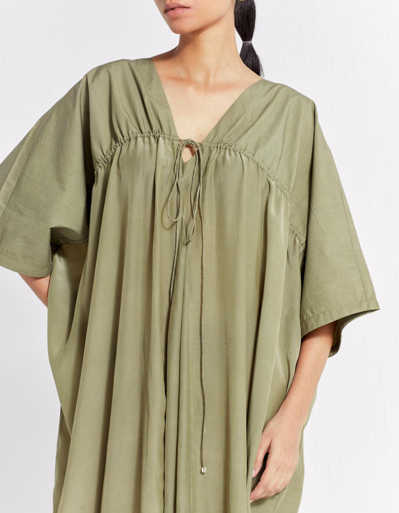 DRAWSTRING KAFTAN - OLIVE poplin by THREE in olive color for women in Singapore