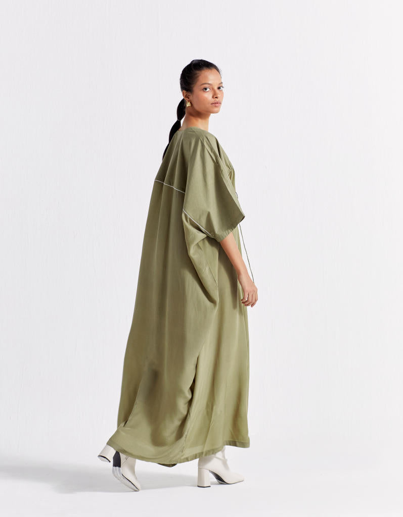 DRAWSTRING KAFTAN - OLIVE poplin by THREE in olive color for women in Singapore