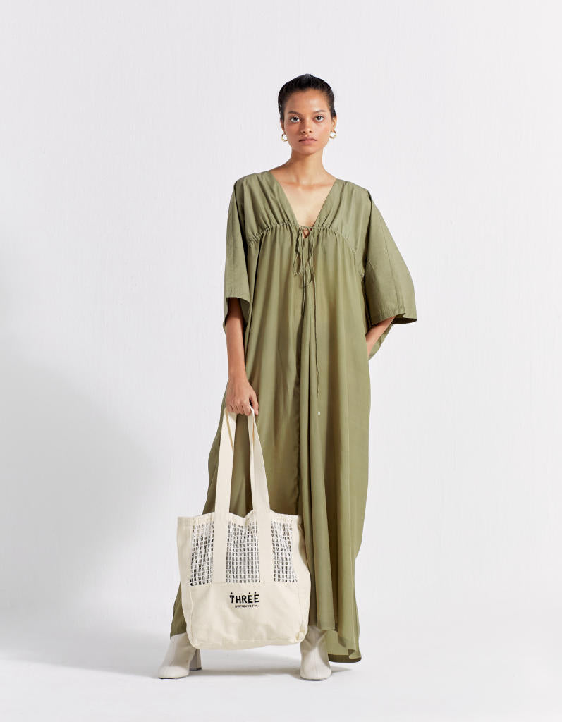 DRAWSTRING KAFTAN - OLIVE poplin by THREE in olive color for women in Singapore