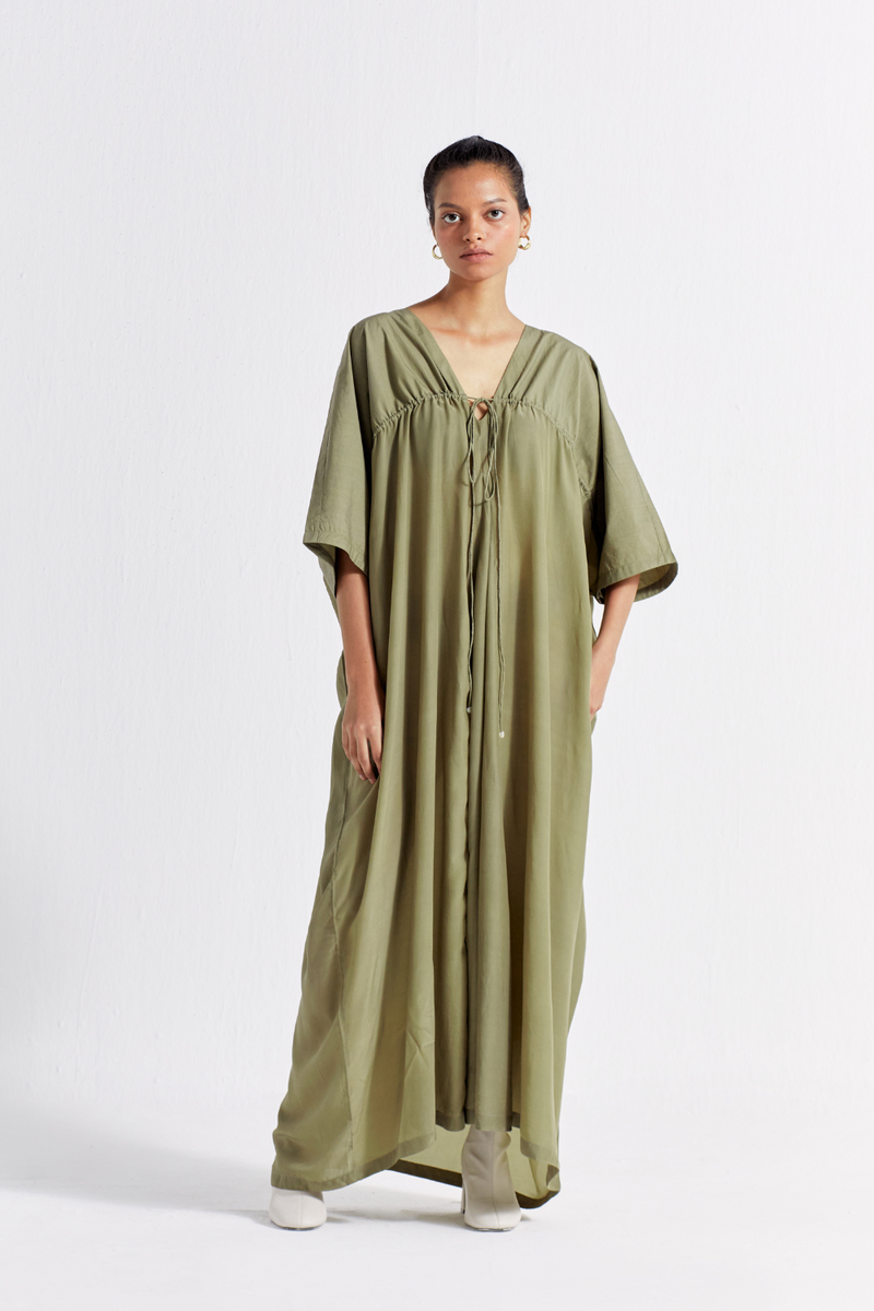 DRAWSTRING KAFTAN - OLIVE poplin by THREE in olive color for women in Singapore