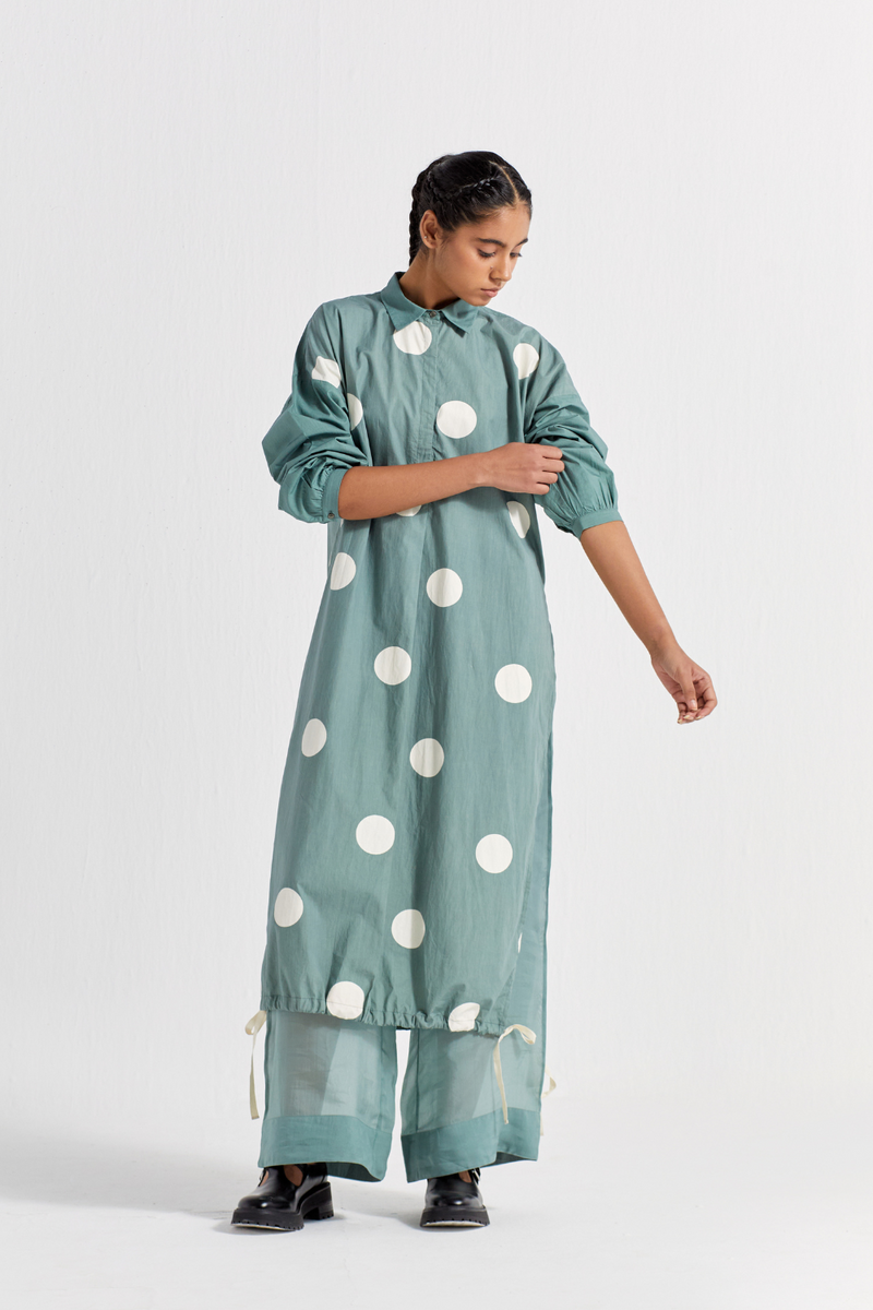 DRAWSTRING HEM TUNIC - JADE POLKA poplin by THREE in green color for women in Singapore