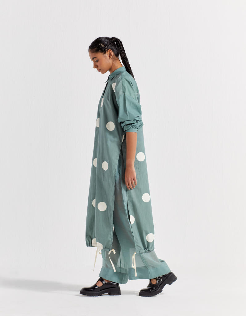 DRAWSTRING HEM TUNIC - JADE POLKA poplin by THREE in green color for women in Singapore