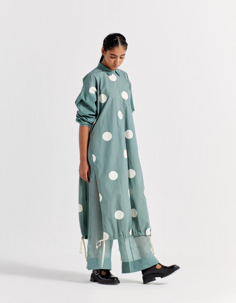 DRAWSTRING HEM TUNIC - JADE POLKA poplin by THREE in green color for women in Singapore