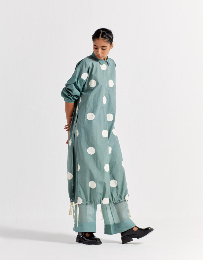 DRAWSTRING HEM TUNIC - JADE POLKA poplin by THREE in green color for women in Singapore