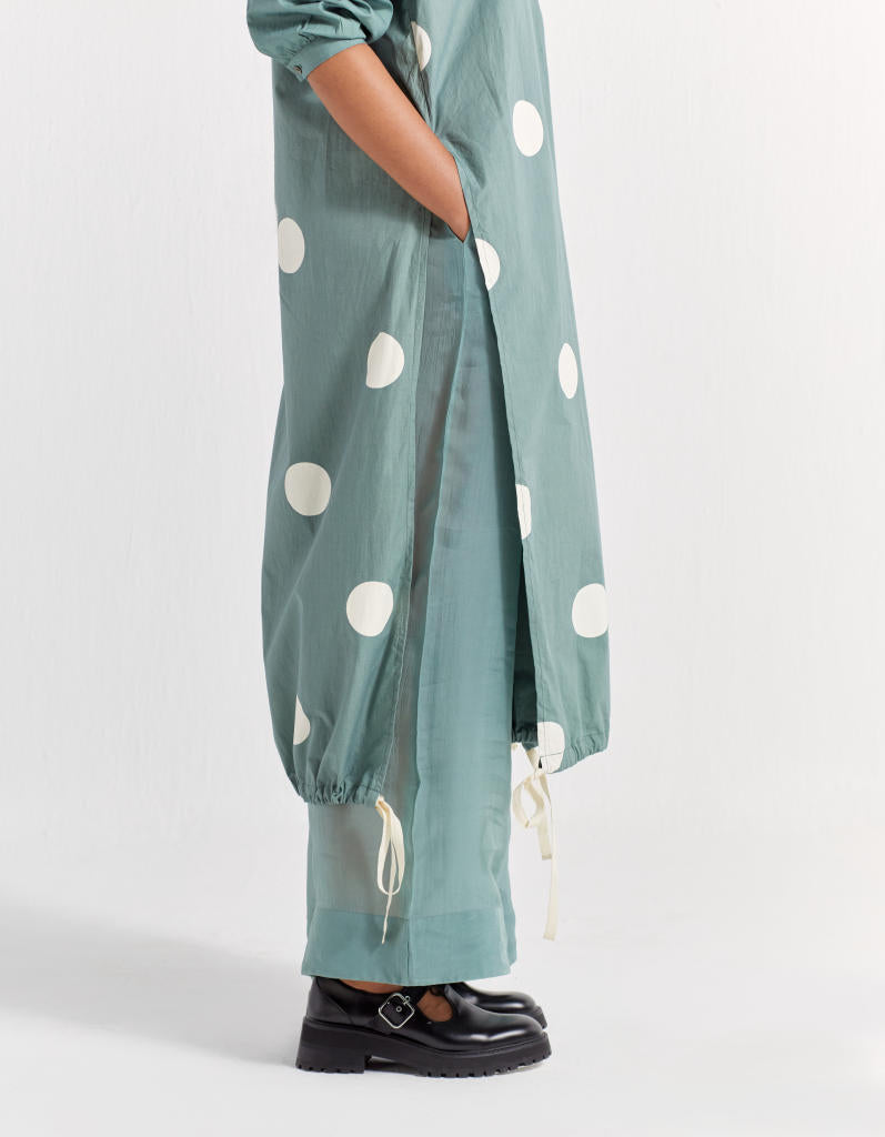 DRAWSTRING HEM TUNIC - JADE POLKA poplin by THREE in green color for women in Singapore