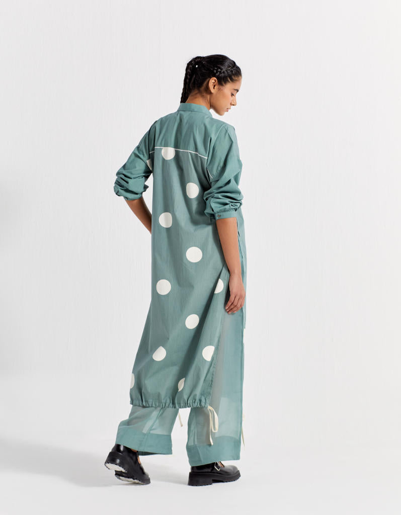 DRAWSTRING HEM TUNIC - JADE POLKA poplin by THREE in green color for women in Singapore
