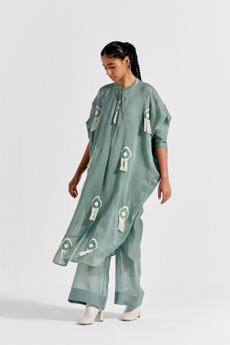 FRINGE BAT SLEEVE SHIRT - JADE chanderi by THREE in green color for women in Singapore