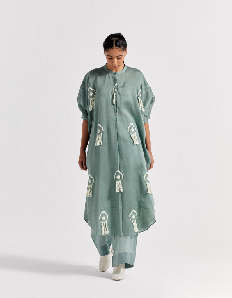 FRINGE BAT SLEEVE SHIRT - JADE chanderi by THREE in green color for women in Singapore