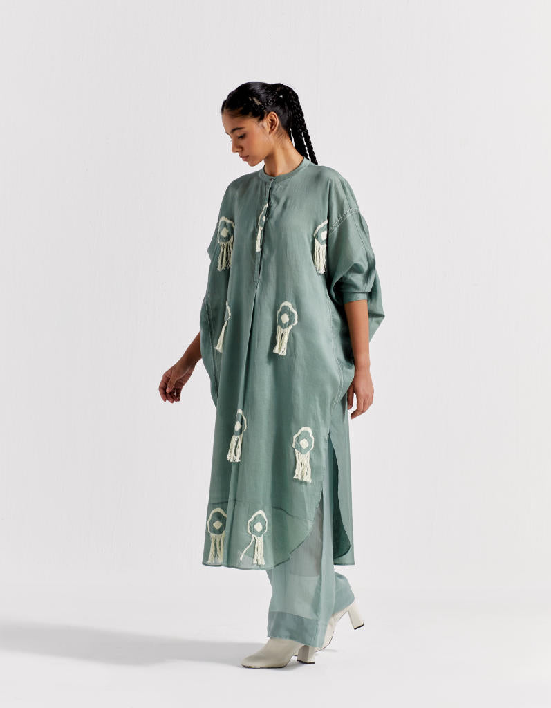FRINGE BAT SLEEVE SHIRT - JADE chanderi by THREE in green color for women in Singapore