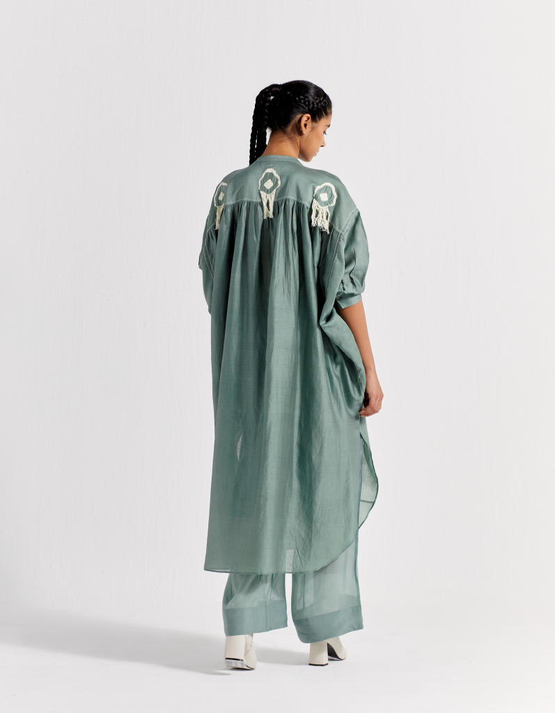 FRINGE BAT SLEEVE SHIRT - JADE chanderi by THREE in green color for women in Singapore