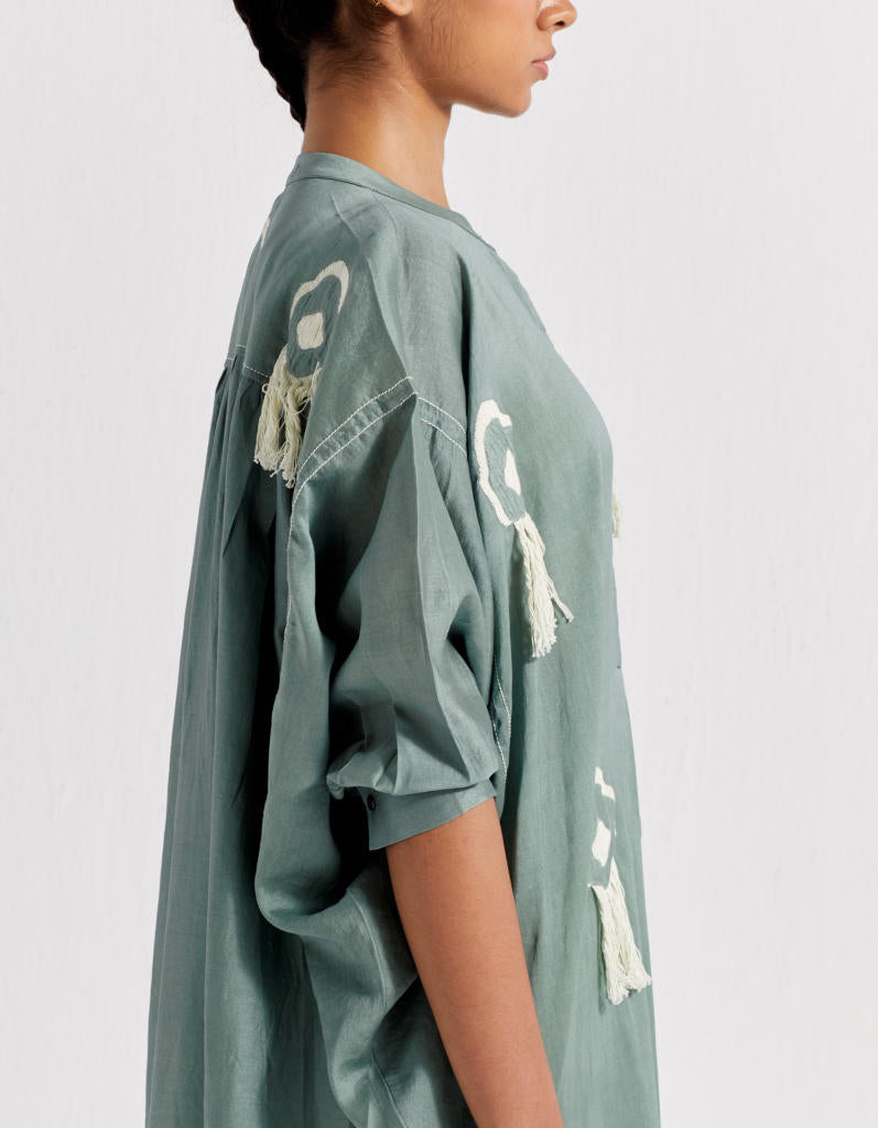 FRINGE BAT SLEEVE SHIRT - JADE chanderi by THREE in green color for women in Singapore