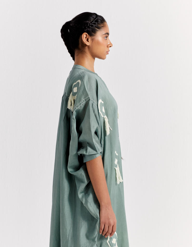 FRINGE BAT SLEEVE SHIRT - JADE chanderi by THREE in green color for women in Singapore