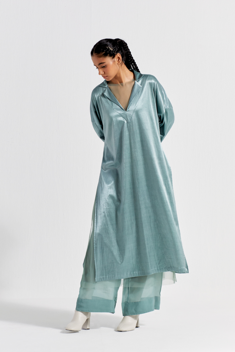 V-NECK TUNIC - JADE satin by THREE in green color for women in Singapore