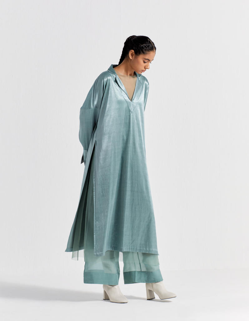 V-NECK TUNIC - JADE satin by THREE in green color for women in Singapore