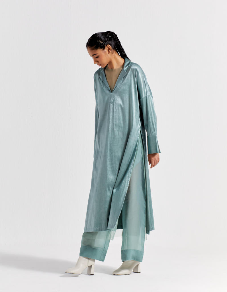V-NECK TUNIC - JADE satin by THREE in green color for women in Singapore