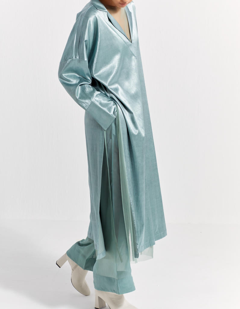 V-NECK TUNIC - JADE satin by THREE in green color for women in Singapore