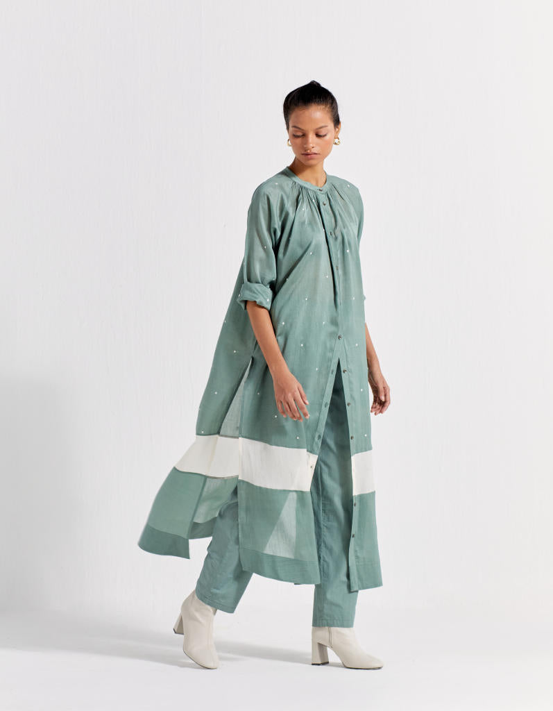 PANEL GATHER NECK SHIRT - JADE POLKA chanderi by THREE in mint color for women in Singapore