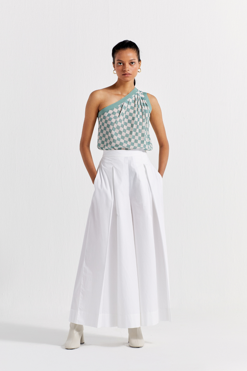 ONE SHOULDER TOP - JADE CHECK by THREE in green color for women in Singapore