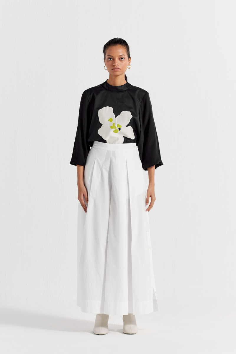 FLORAL APPLIQUE TOP - BLACK poplin by THREE in black color for women in Singapore
