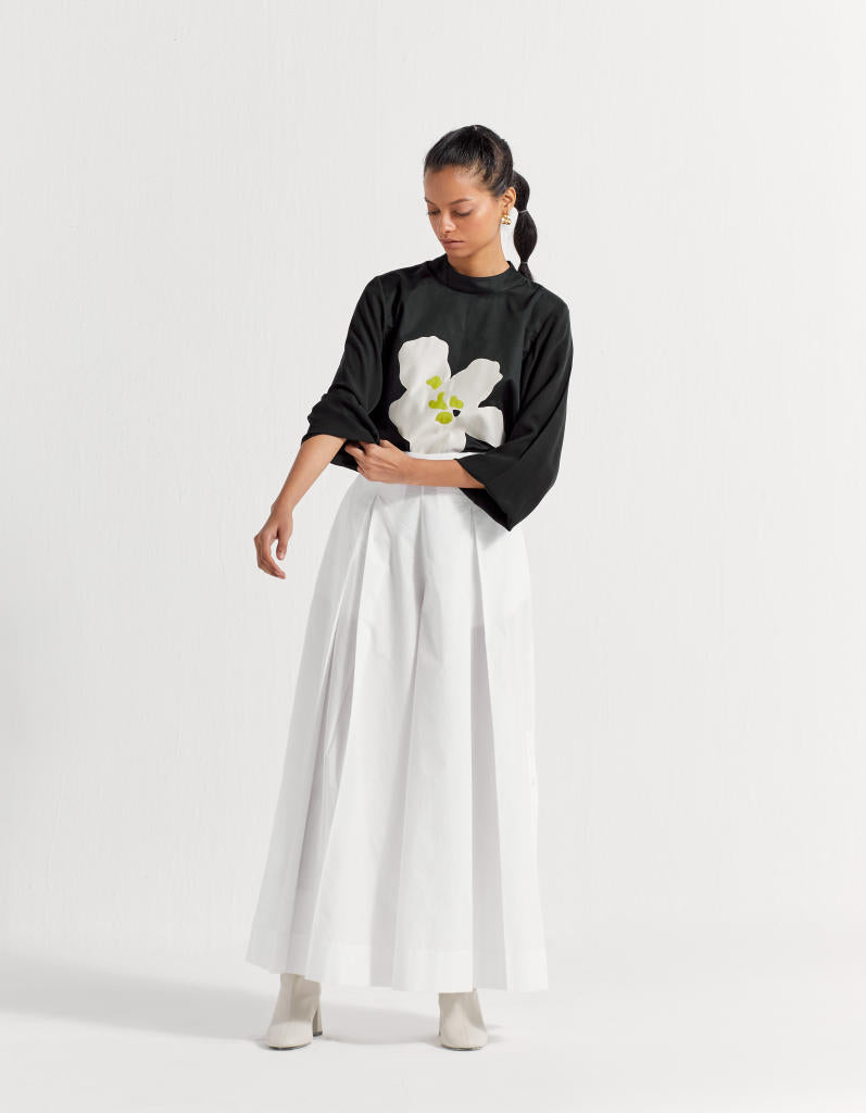 FLORAL APPLIQUE TOP - BLACK poplin by THREE in black color for women in Singapore