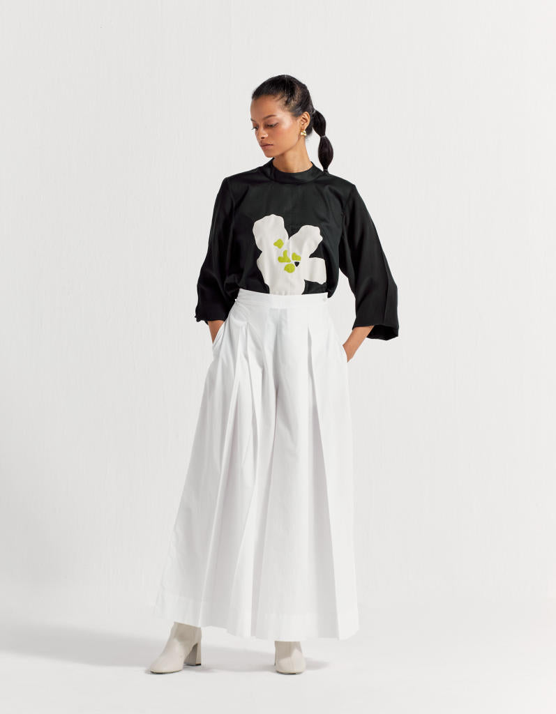 FLORAL APPLIQUE TOP - BLACK poplin by THREE in black color for women in Singapore