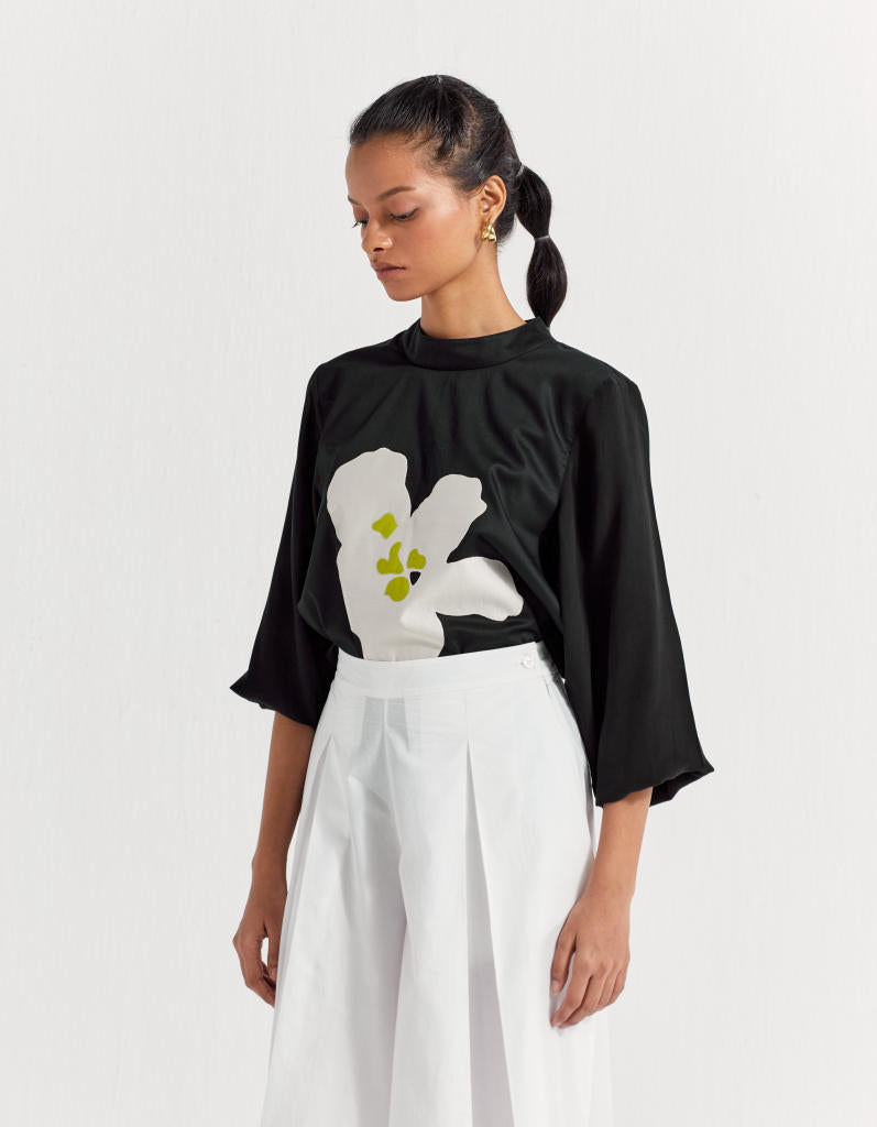 FLORAL APPLIQUE TOP - BLACK poplin by THREE in black color for women in Singapore