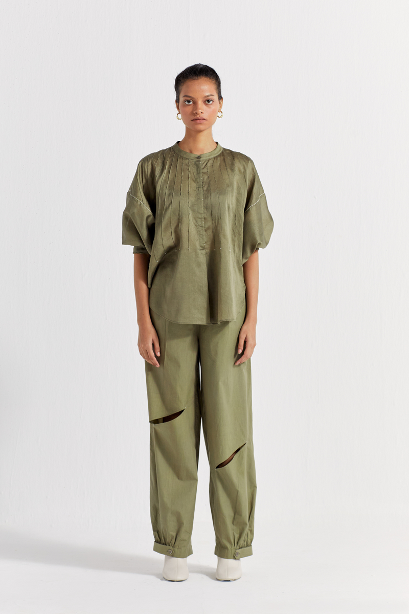 BAT SLEEVE TOP CO-ORD ( SET OF 2 )-OLIVE poplin by THREE in olive color for women in Singapore