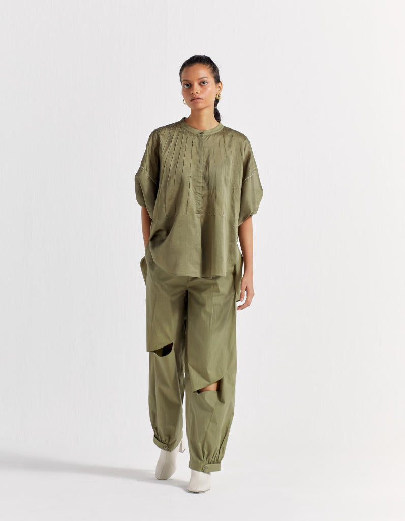 BAT SLEEVE TOP CO-ORD ( SET OF 2 )-OLIVE poplin by THREE in olive color for women in Singapore