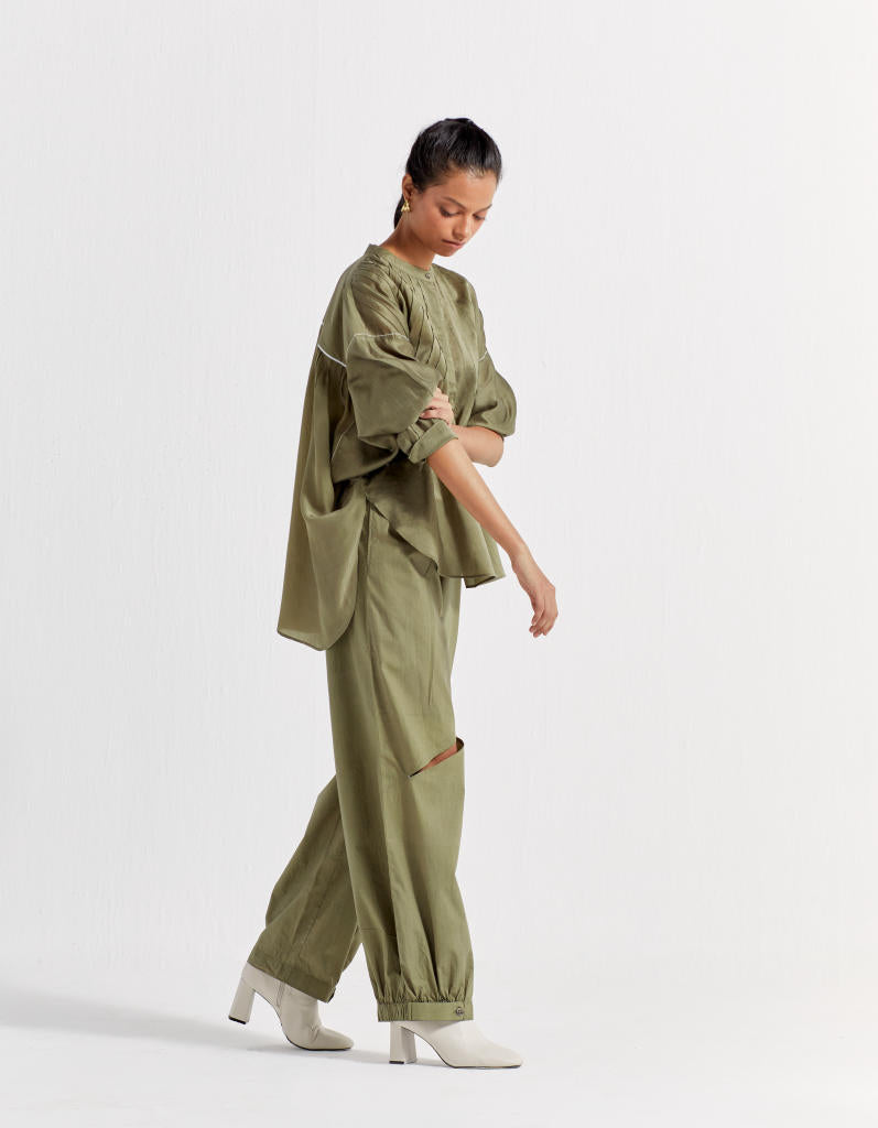 BAT SLEEVE TOP CO-ORD ( SET OF 2 )-OLIVE poplin by THREE in olive color for women in Singapore