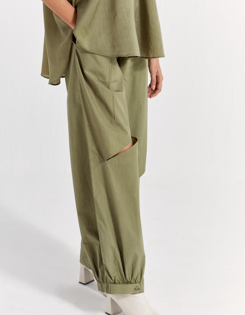 BAT SLEEVE TOP CO-ORD ( SET OF 2 )-OLIVE poplin by THREE in olive color for women in Singapore
