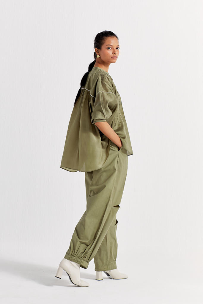 BAT SLEEVE TOP CO-ORD ( SET OF 2 )-OLIVE poplin by THREE in olive color for women in Singapore