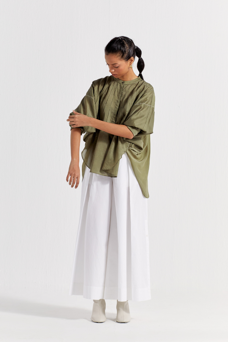 BAT SLEEVE TOP - OLIVE chanderi by THREE in olive color for women in Singapore