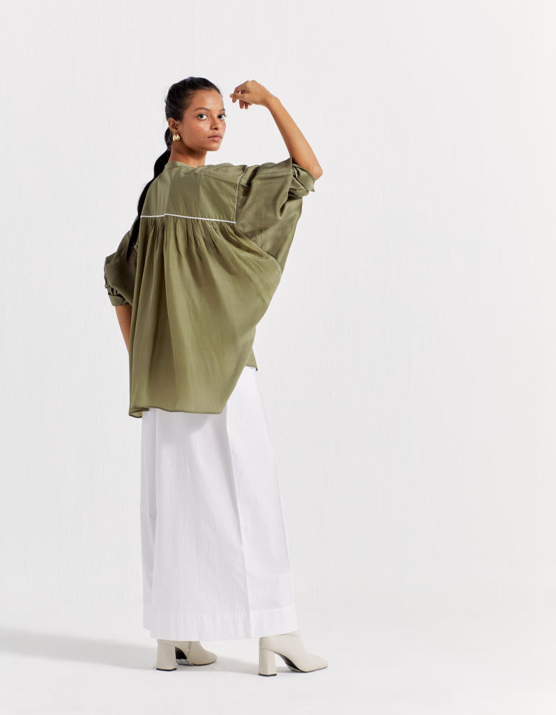 BAT SLEEVE TOP - OLIVE chanderi by THREE in olive color for women in Singapore