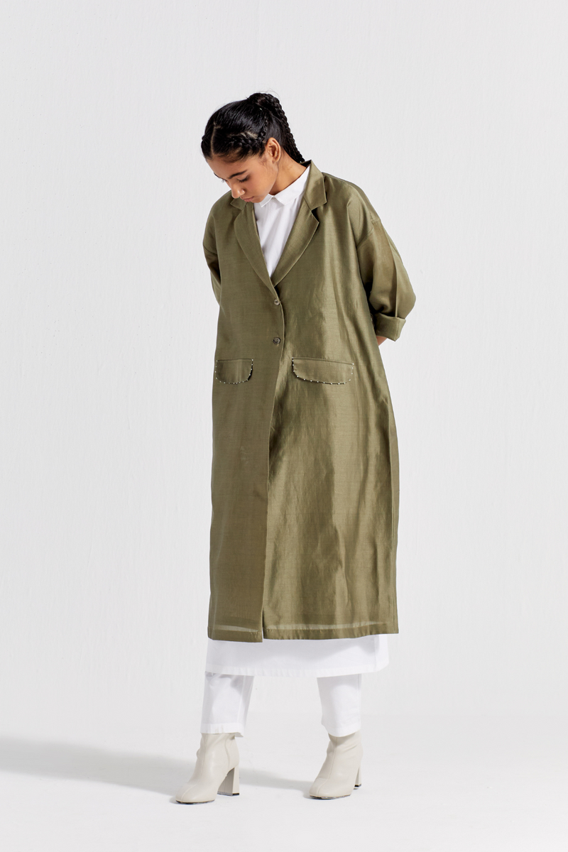 BACK TIE OVERLAY JACKET CO-ORD ( SET OF 3 ) poplin by THREE in olive color for women in Singapore