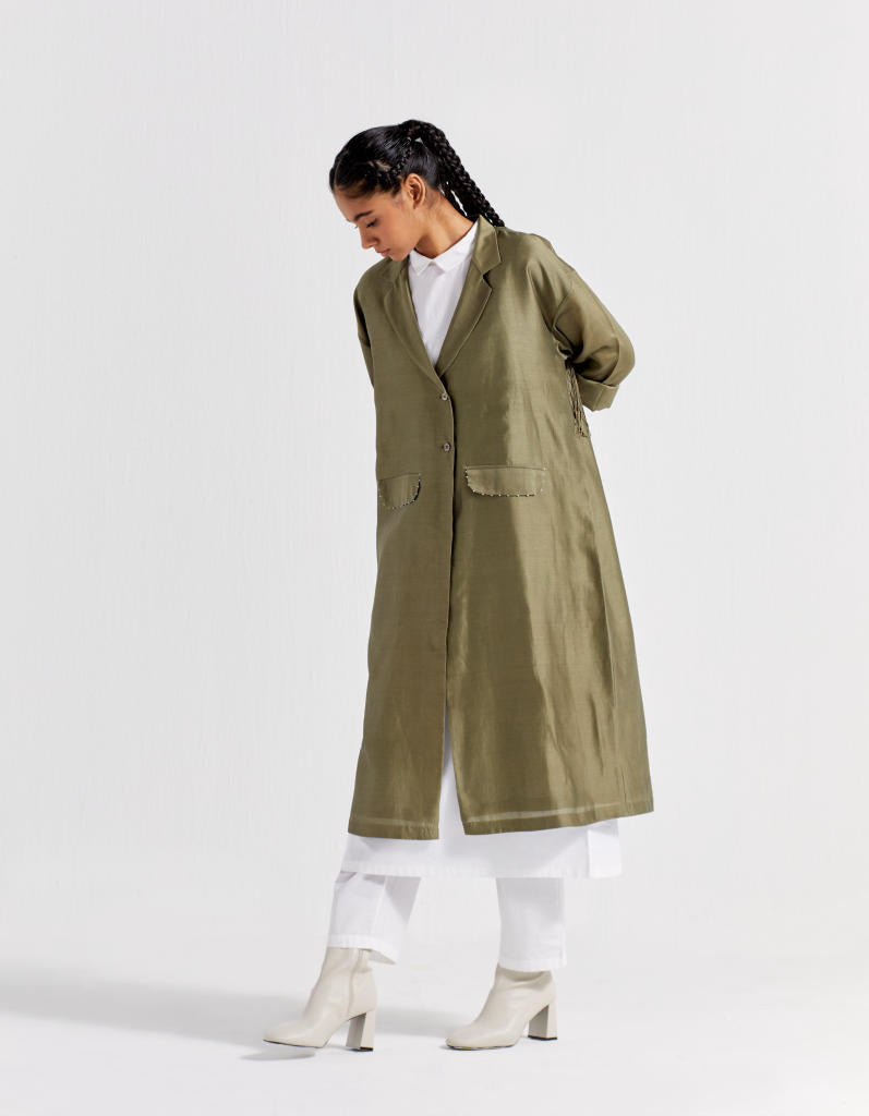 BACK TIE OVERLAY JACKET - OLIVE chanderi by THREE in olive color for women in Singapore