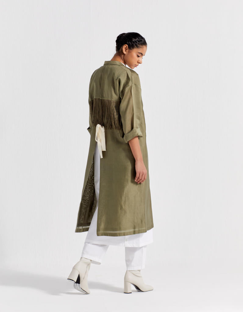 BACK TIE OVERLAY JACKET CO-ORD ( SET OF 3 ) poplin by THREE in olive color for women in Singapore