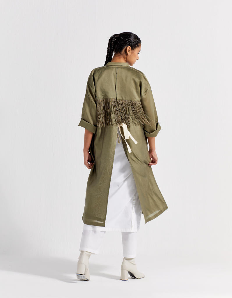 BACK TIE OVERLAY JACKET - OLIVE chanderi by THREE in olive color for women in Singapore