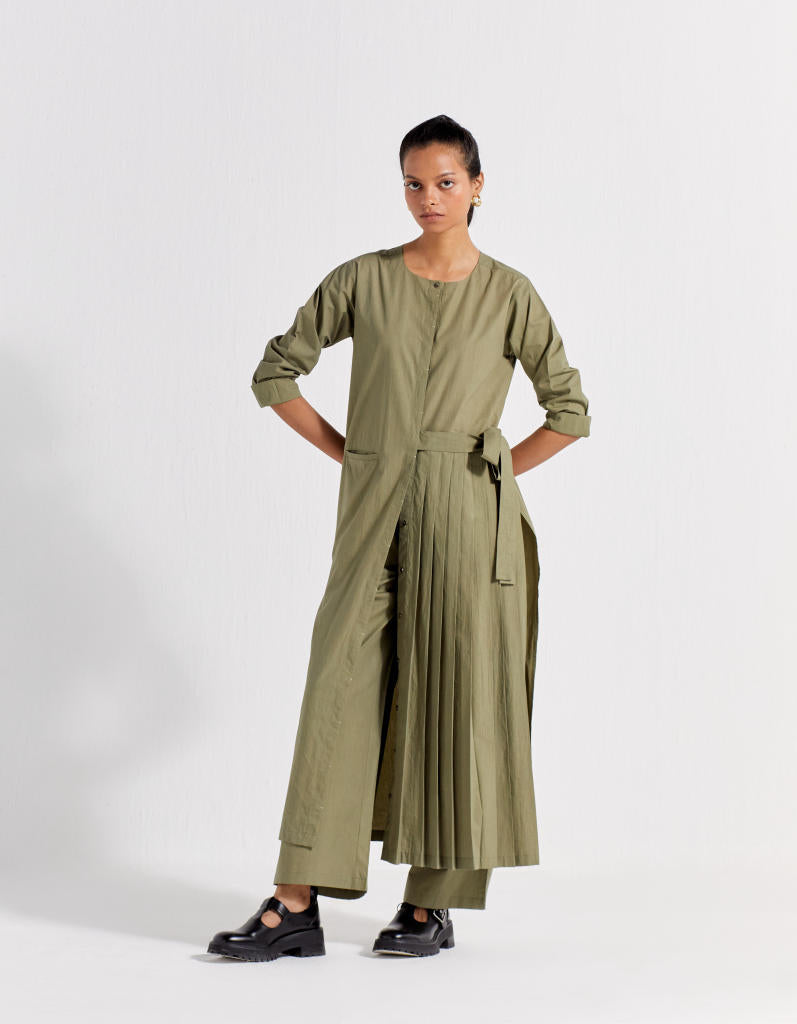 FRONT PLEAT JACKET CO-ORD ( SET OF 2 ) poplin by THREE in olive color for women in Singapore