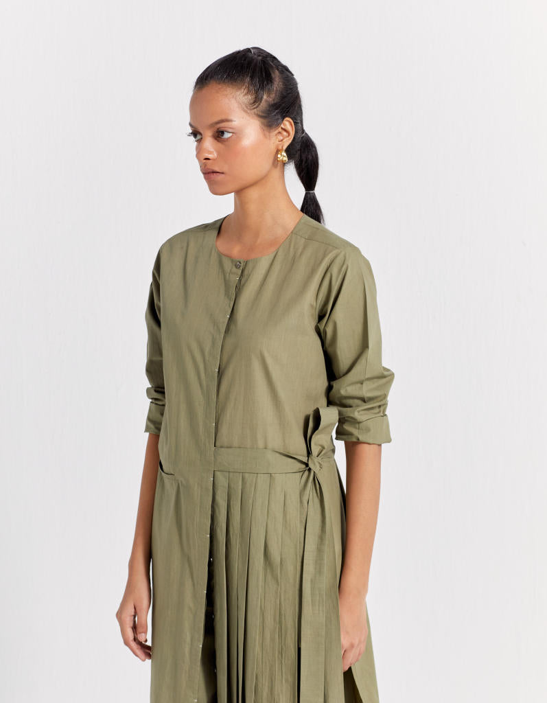 FRONT PLEAT JACKET CO-ORD ( SET OF 2 ) poplin by THREE in olive color for women in Singapore