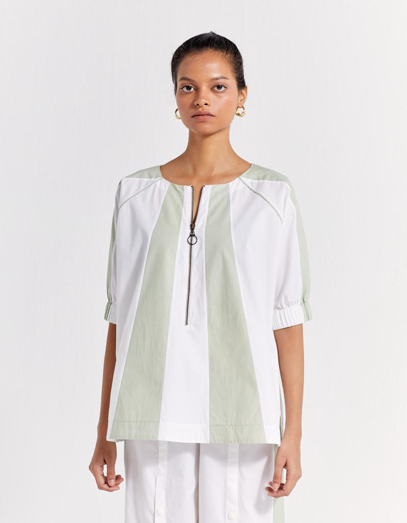 PANELLED TOP - MINT + WHITE poplin by THREE in mint color for women in Singapore