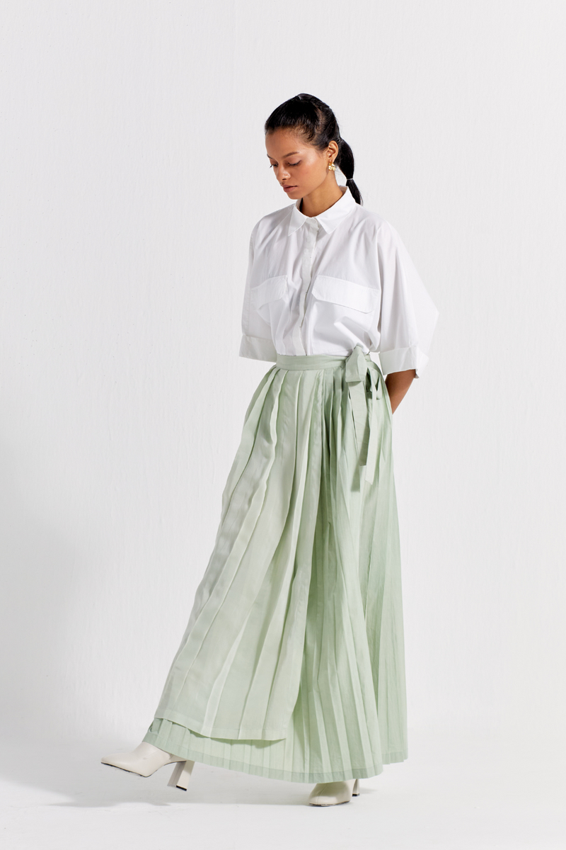 ASYMMETRIC PLEAT SKIRT CO-ORD ( SET OF 2 ) poplin by THREE in mint color for women in Singapore