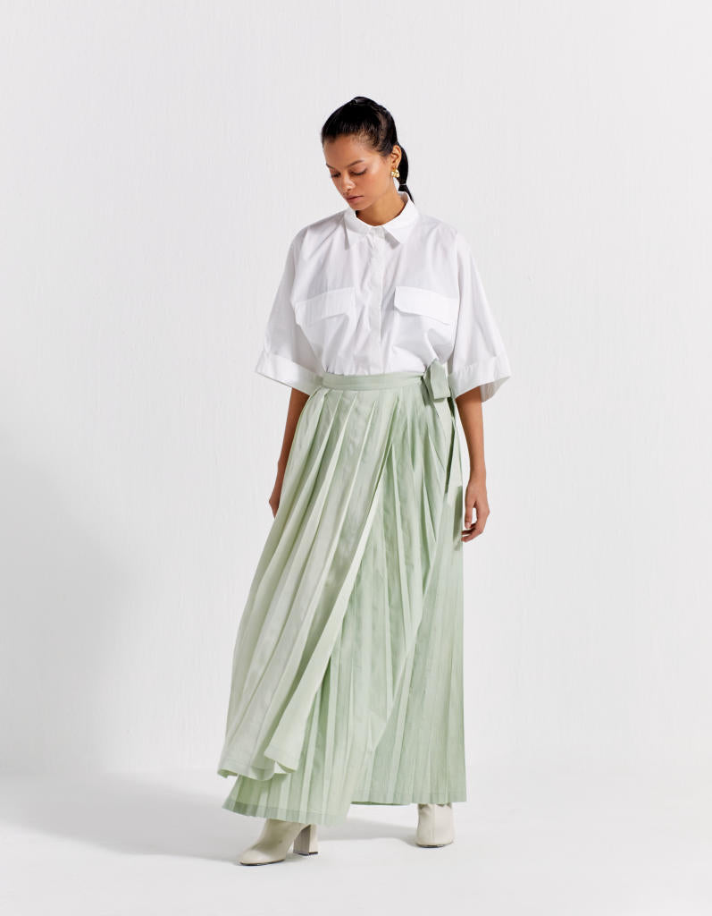 ASYMMETRIC PLEAT SKIRT - MINT poplin by THREE in mint color for women in Singapore