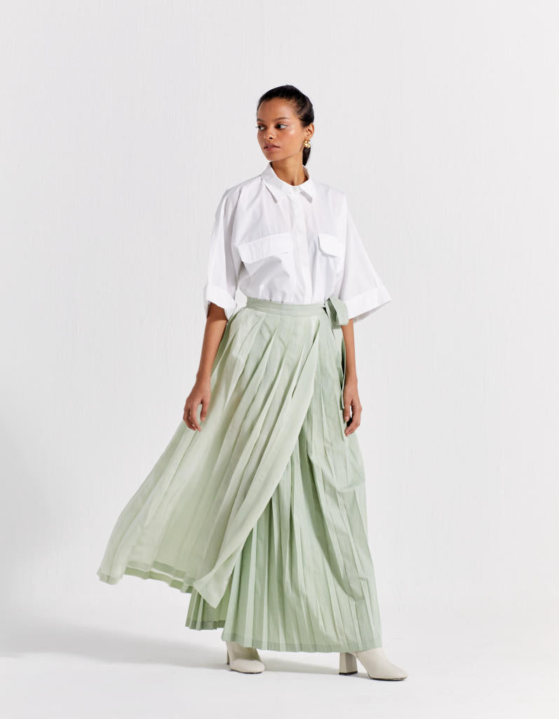 ASYMMETRIC PLEAT SKIRT - MINT poplin by THREE in mint color for women in Singapore