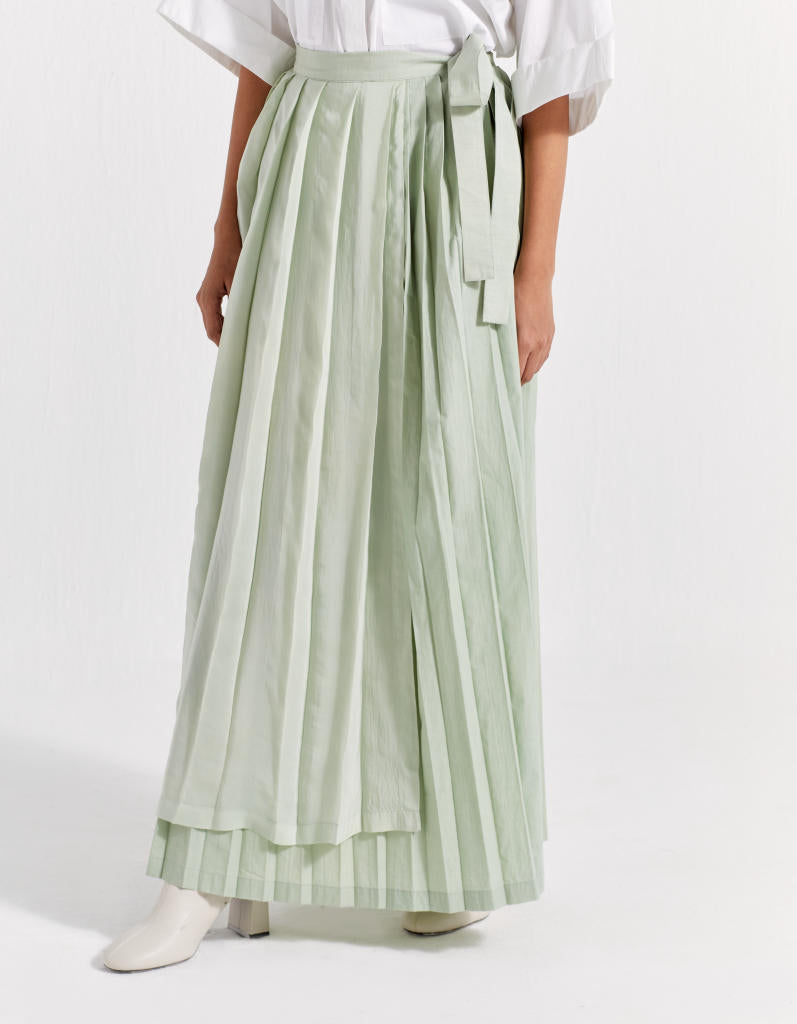 ASYMMETRIC PLEAT SKIRT - MINT poplin by THREE in mint color for women in Singapore