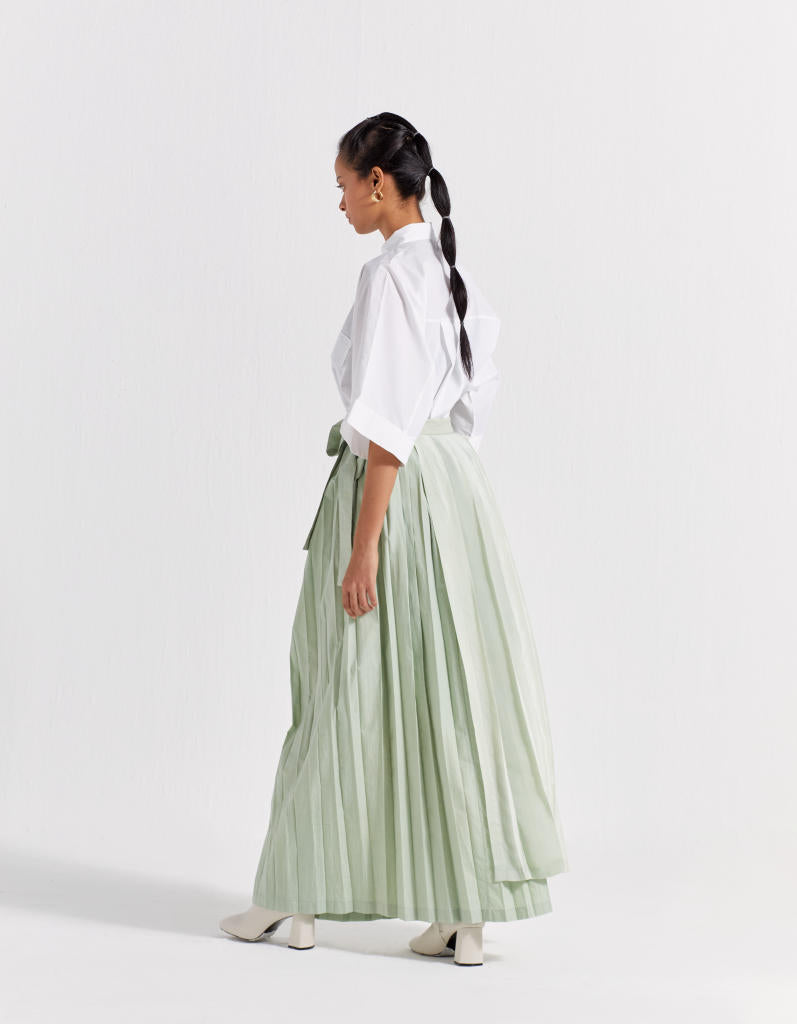 ASYMMETRIC PLEAT SKIRT CO-ORD ( SET OF 2 ) poplin by THREE in mint color for women in Singapore