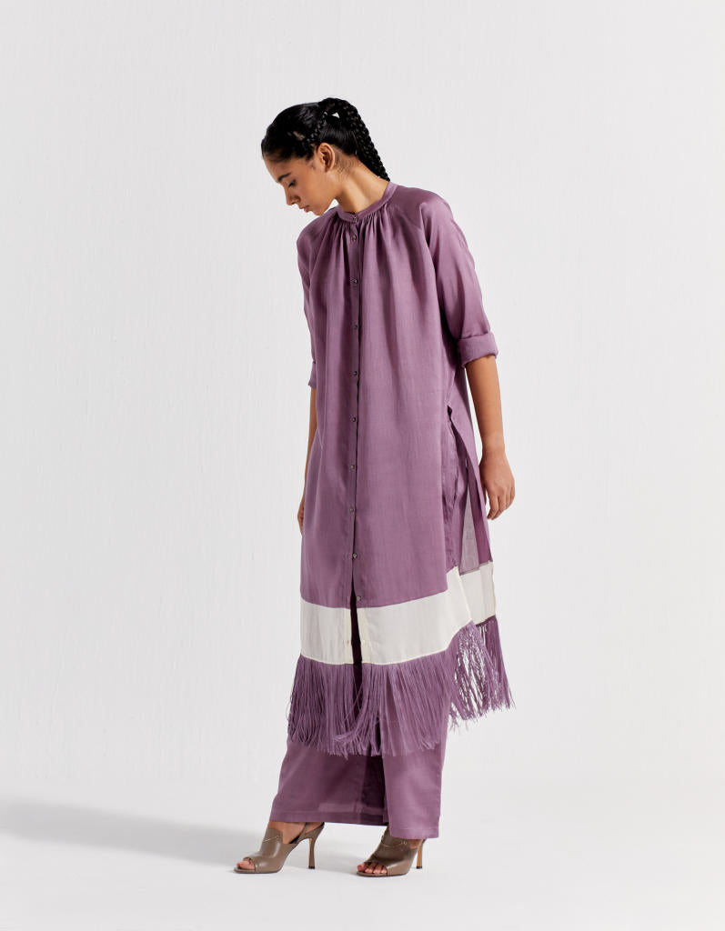 PANEL GATHER NECK SHIRT CO-ORD ( SET OF 2 )- LILAC chanderi by THREE for women in Singapore