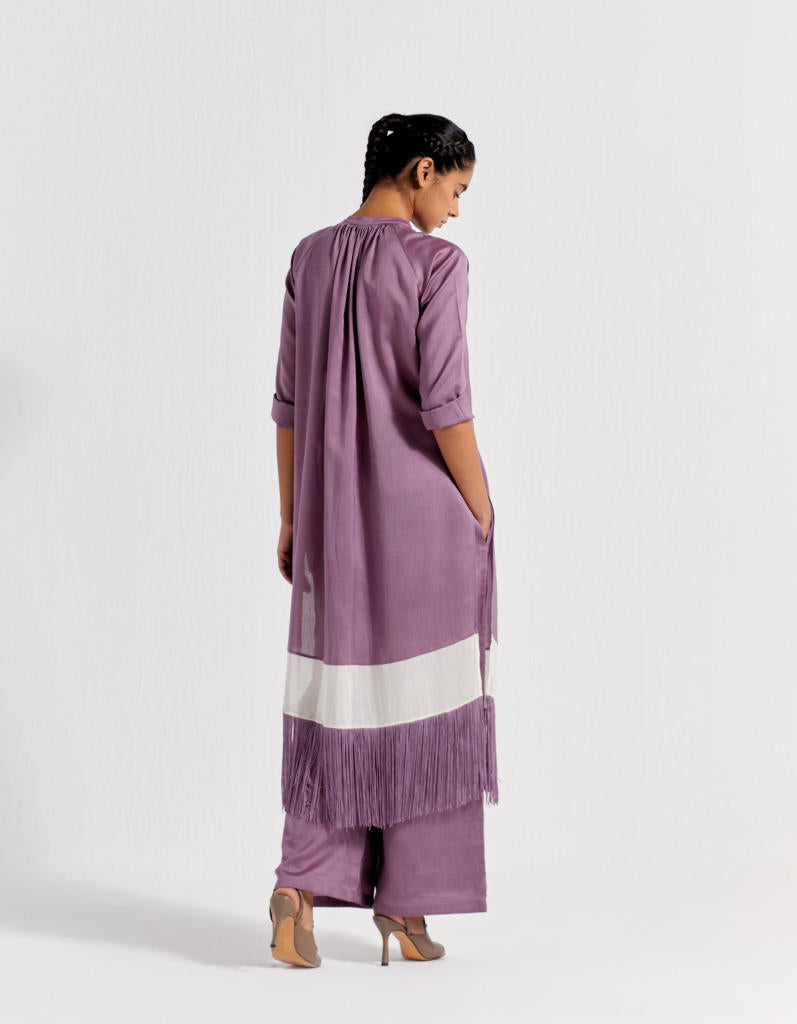 PANEL GATHER NECK SHIRT CO-ORD ( SET OF 2 )- LILAC chanderi by THREE for women in Singapore