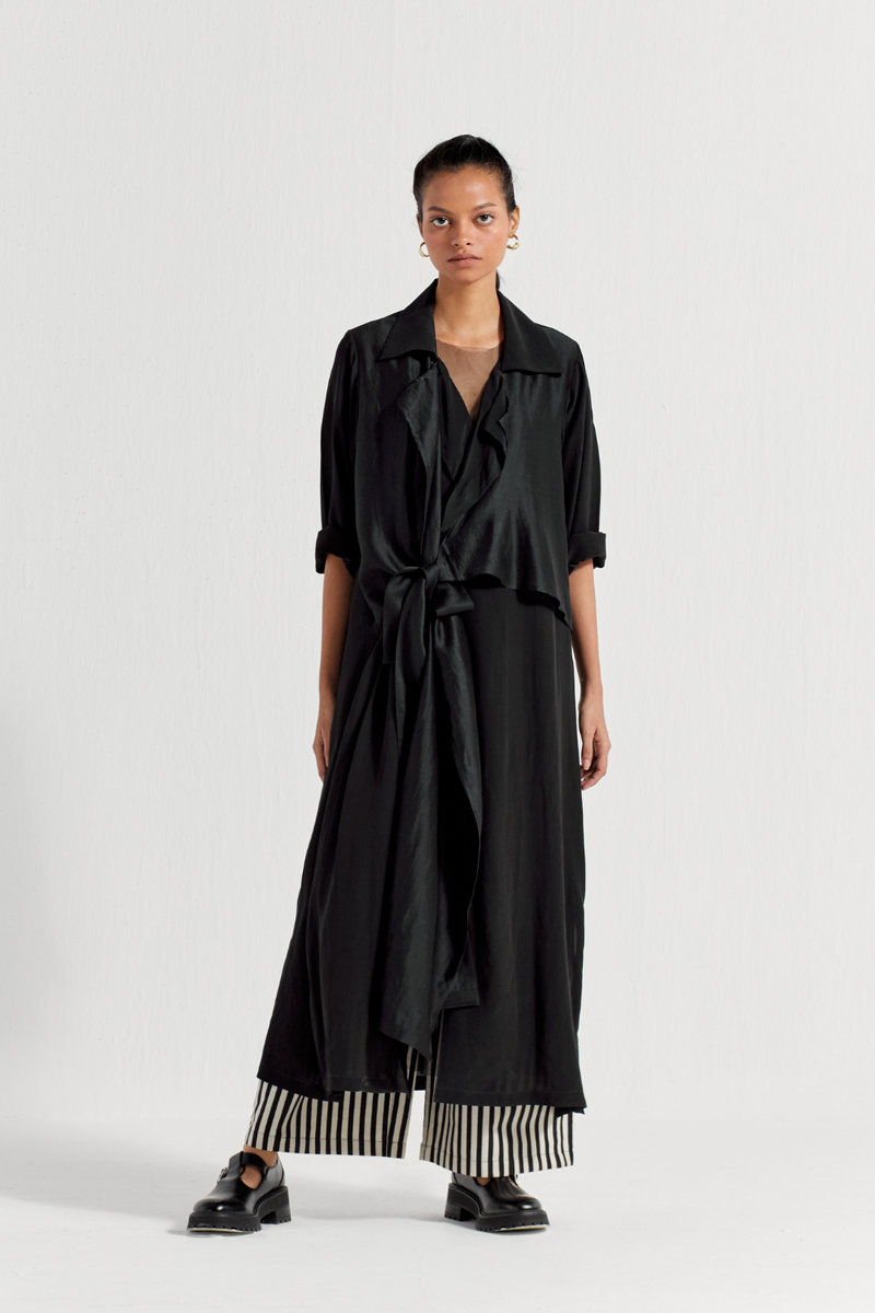 TIE JACKET CO-ORD ( SET OF 3) chanderi by THREE in black color for women in Singapore
