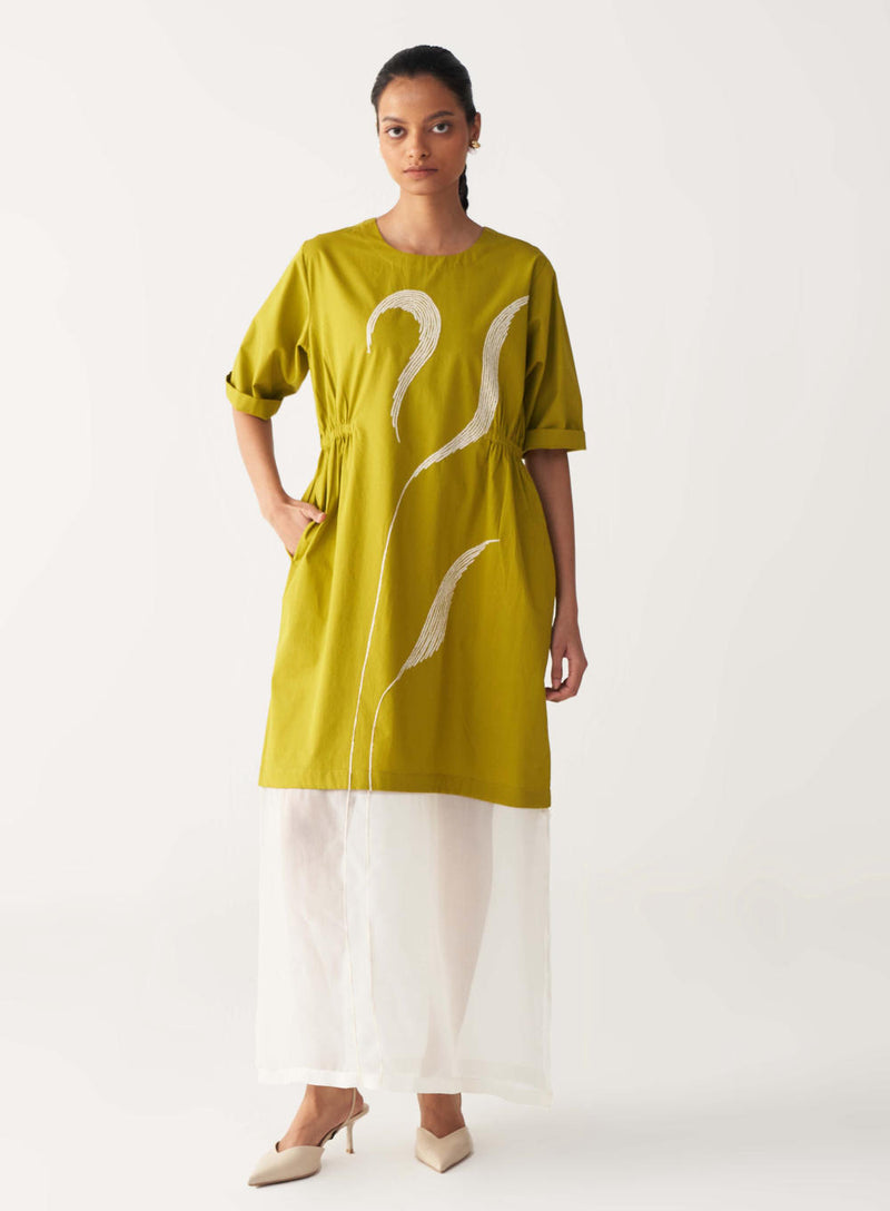 SHEER BOTTOM PANEL DRESS-LIME poplin by THREE for women in Singapore